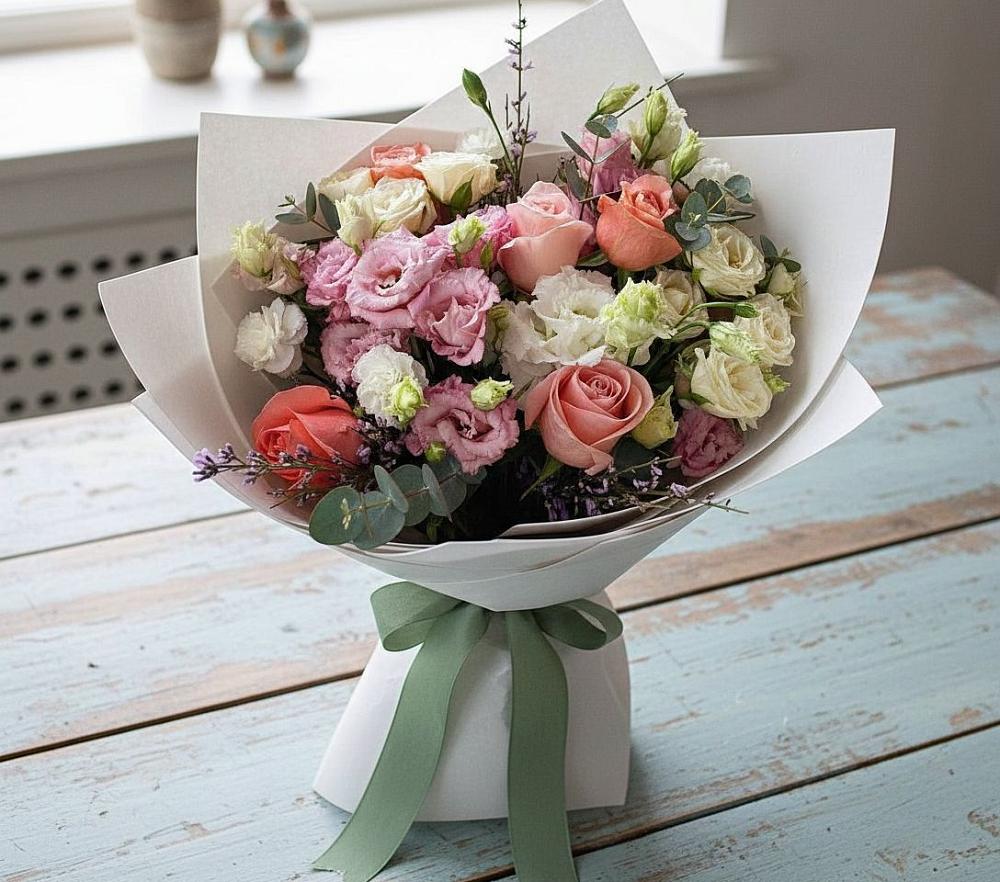 Букет цветов из: Розы, Лизиантусы и Гвоздики в Урюпинске