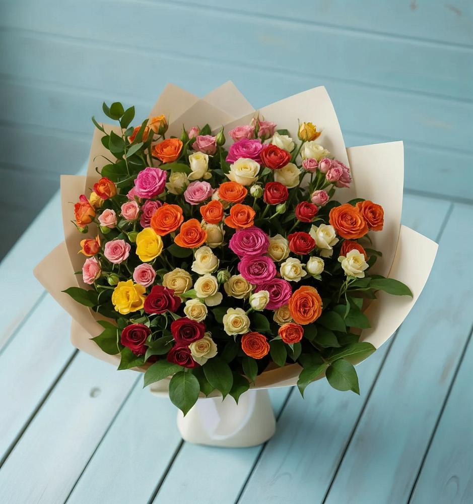 Букет Микс из разноцветных кустовых роз в Урюпинске